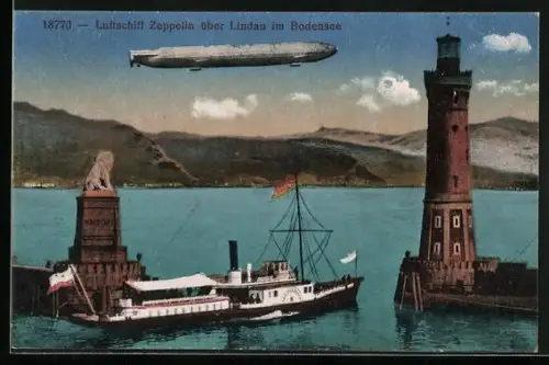 AK Lindau im Bodensee, Hafeneingang mit fliegendem Zeppelin