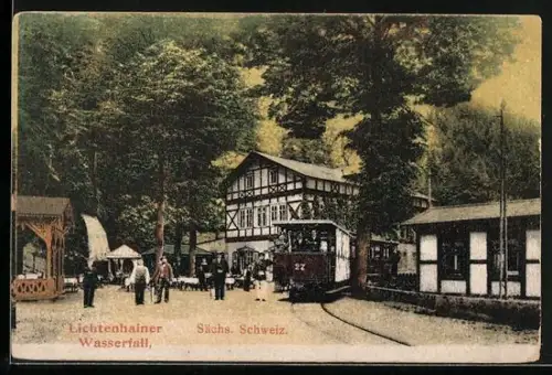 AK Kirnitzschtal, Lichtenhainer Wasserfall mit Strassenbahn