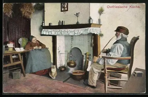 AK Ein altes Paar in einer Ostfriesischen Küche, Teekessel