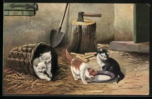 Künstler-AK Alfred Schönian: Katzen mit Milchteller