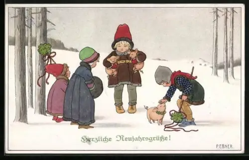 Künstler-AK Pauli Ebner: Neujahrsgruss - Kinder mit Ferkelchen im Schnee