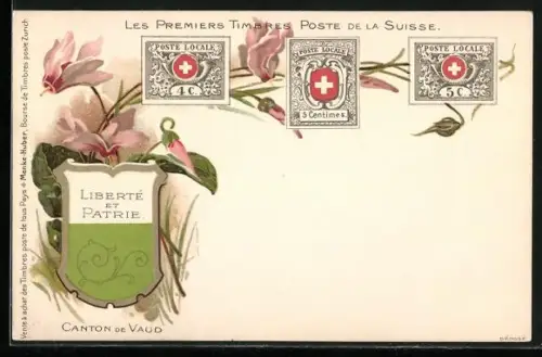AK Schweizer Briefmarken, Wappen des Kantons Vaud, Les Premiers Timbres Poste de la Suisse