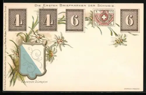 Lithographie Die ersten Briefmarken der Schweiz & Wappen