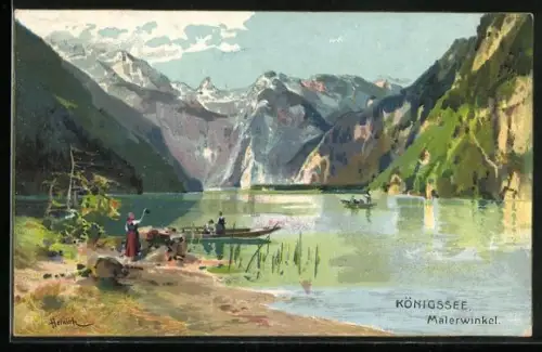 Künstler-Lithographie Karl Heinisch: Königssee / Berchtesgaden, Malerwinkel