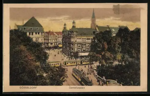 AK Düsseldorf, Corneliusplatz aus der Vogelschau mit Strassenbahn