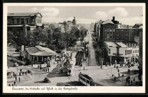 AK Hannover, Am Kröpcke mit Blick in die Georgstrasse, Strassenbahnen