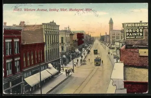 AK Muskegon, Western Avenue, Looking West, Strassenbahnen