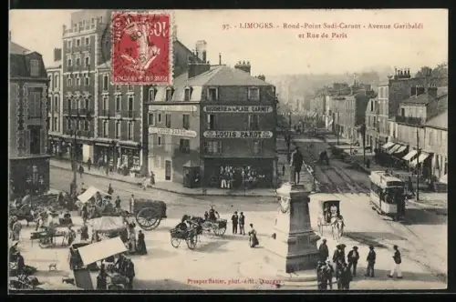 AK Limoges, Rond-Point Sadi-Carnot, Avenue Garibaldi et Rue de Paris, Strassenbahn