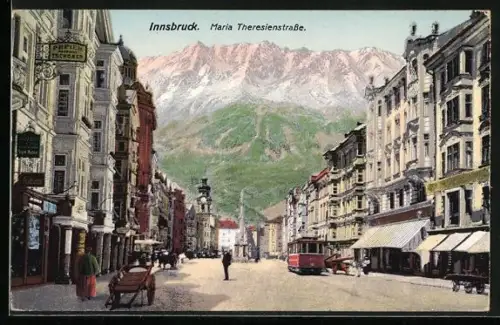 AK Innsbruck, Strassenbahn auf der Maria Theresienstrasse, Geschäfte