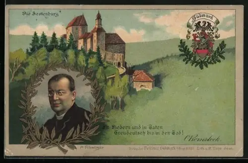 AK St. Lorenzen, Die Sestenburg und Porträt A. Schwinger