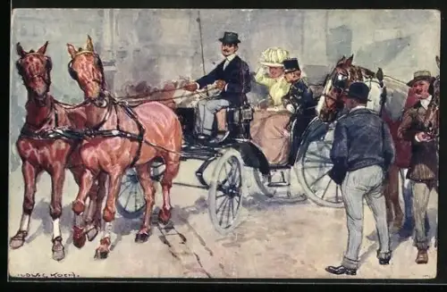 Künstler-AK Ludwig Koch: Wiener Fiaker, Grabenstimmung, Geh`n ma`s an, Kutscher