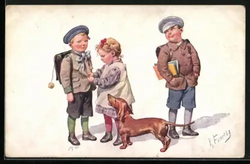 Künstler-AK Karl Feiertag: Zwei Schuljungen mit Tornistern, Kleines Hausmütterchen und Dackel