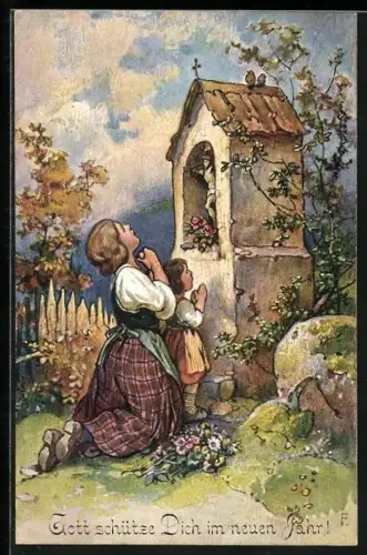 AK Frau und Kind beten an einer Kapelle, Neujahrsgruss