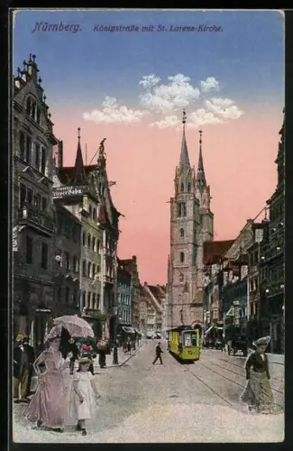 AK Nürnberg, Königstrasse mit St. Lorenzkirche mit Strassenbahn