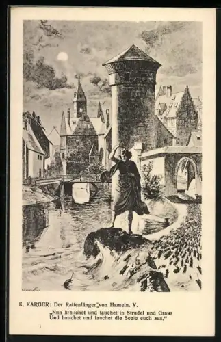 AK Der Rattenfänger von Hameln führt die Ratten ins Wasser