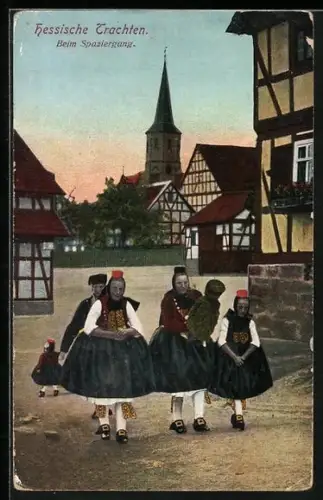 AK Junge Frauen beim Spaziergang, Hessische Tracht