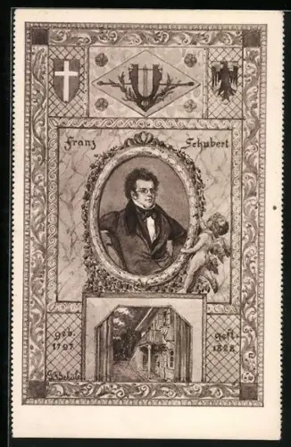 AK Porträt Franz Schubert 1797-1828, Wappen