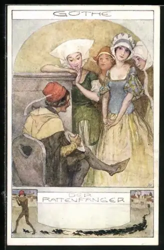 Künstler-AK Goethe: Der Rattenfänger, umworben von Frauen