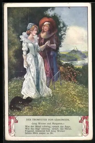 Künstler-AK sign. A. Welzl: Mann mit Trompete und Edeldame