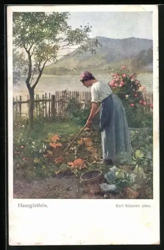 Künstler-AK Karl Maria Schuster: Hausgärtlein, Bäuerin harkt im Garten