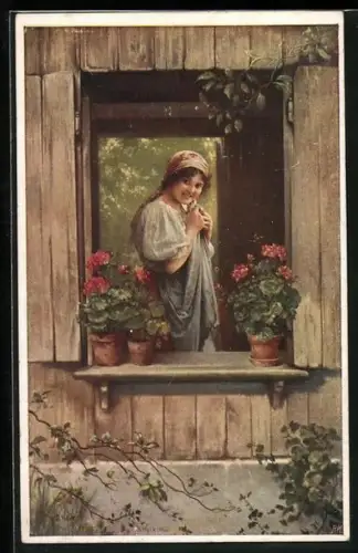 Künstler-AK Brüder Kohn (B.K.W.I) Nr. 1712: junge Dame steht am Fenster