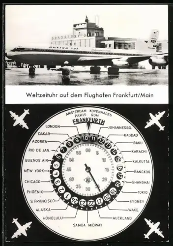 AK Frankfurt /Main, Boeing 707 auf dem Flughafen, Weltzeituhr