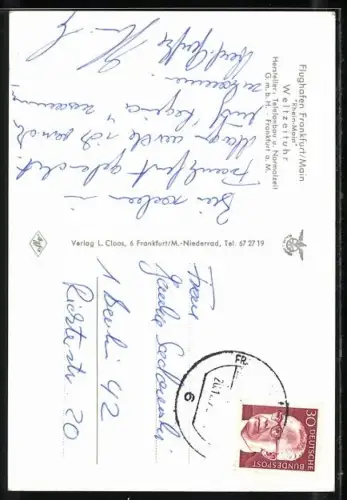 AK Frankfurt /Main, Boeing 707 auf dem Flughafen, Weltzeituhr