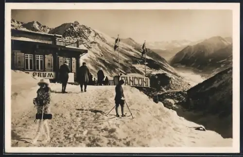 AK Alp Grüm, Restaurant Fanconi im Schnee mit Blick ins Puschlav