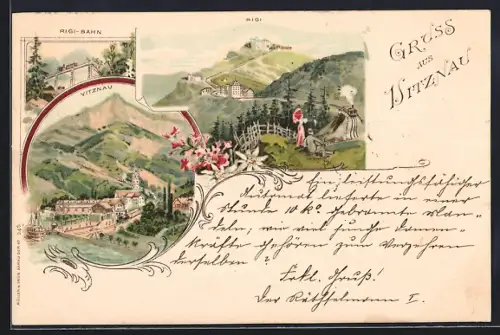 Lithographie Vitznau, Gesamtansicht, Rigi u. Rigi-Bahn, Dampfer