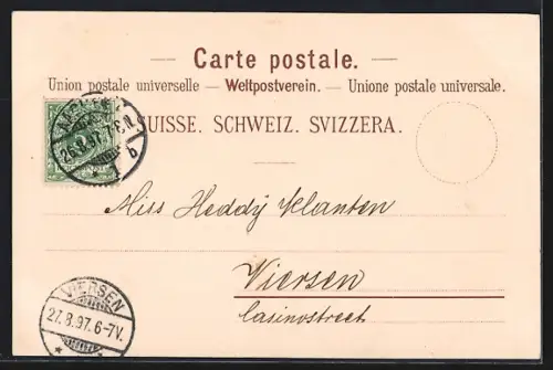 Lithographie Vitznau, Gesamtansicht, Rigi u. Rigi-Bahn, Dampfer