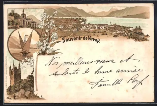Lithographie Vevey, Kirche, Turm, Segelboot