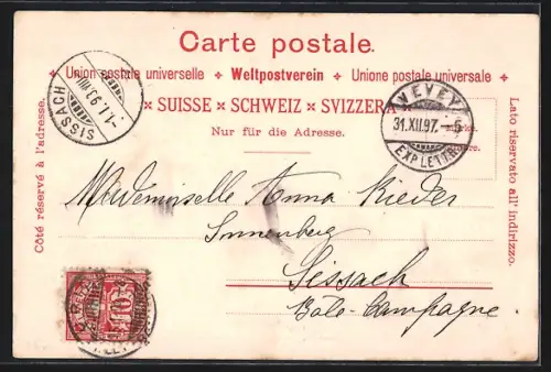 Lithographie Vevey, Kirche, Turm, Segelboot