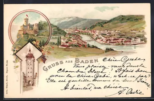 Lithographie Baden, Uhrenturm, Burg und Gesamtansicht
