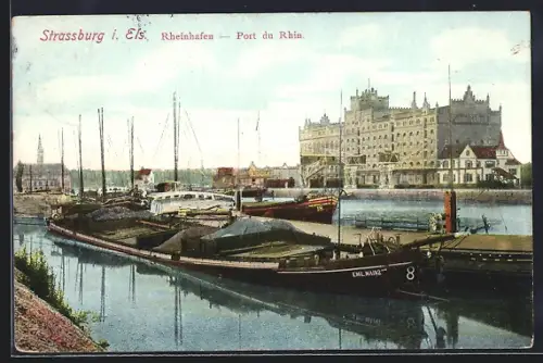 AK Strassburg / Elsass, Frachtkähne am Rheinhafen
