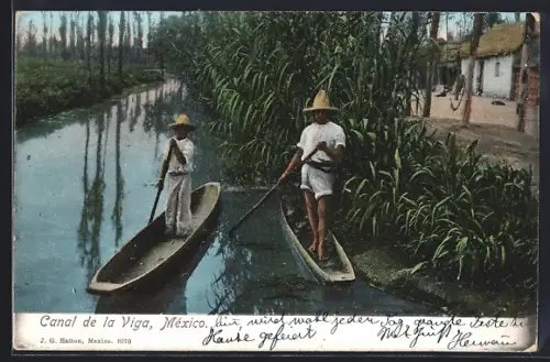 AK Canal de la Viga, Zwei Kahnfahrer auf dem Wasser, Strasse mit Häusern