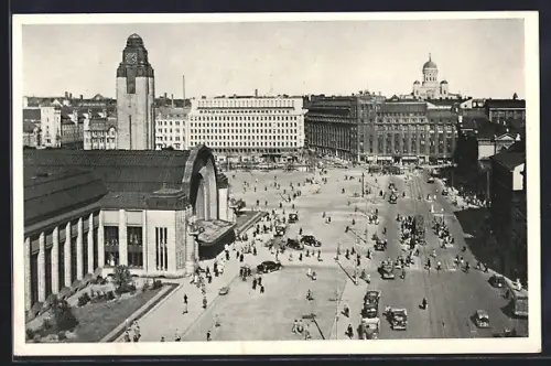 AK Helsinki, Bahnhof mit Strasse u. Stadtpanorama aus der Vogelschau