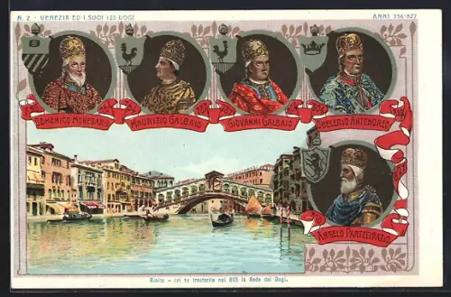 AK Venezia, Rialto, Portraits der Dogen Obelerio Antenoreo, Giovanni Galbaio und Maurizio Galbaio