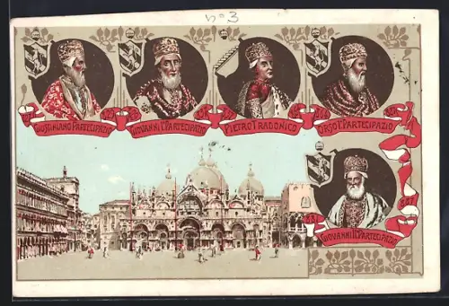 AK Venedig / Venezia, Markusdom, Portraits Giovanni Partecipazio, Pietro Tradonico, Wappen