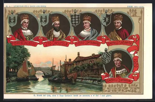 Lithographie Venezia / Venedig, Dogen Contarini, Flabanico, Centranigo, Pietro Orseolo und Oto Orseolo