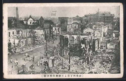AK Yokohama, Erdbebenschäden, Ruinen und Strasse aus der Vogelschau, Erdbeben 1923