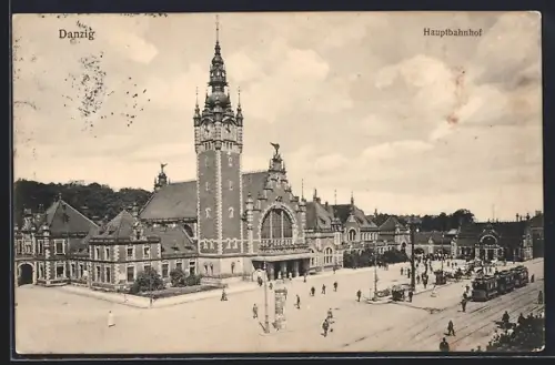 AK Danzig, Hauptbahnhof mit Strassenbahn