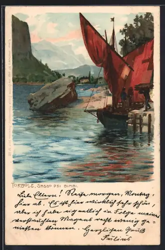 Künstler-AK Zeno Diemer: Torbole, Sasso dei Bimbi, Segelboot