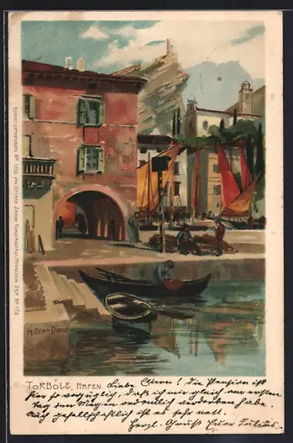 Künstler-Lithographie Zeno Diemer: Torbole, Partie im Hafen