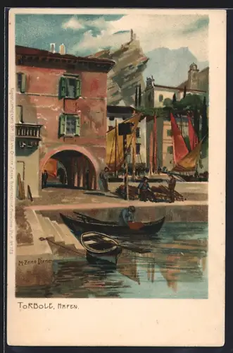 Künstler-Lithographie Zeno Diemer: Torbole, Partie im Hafen