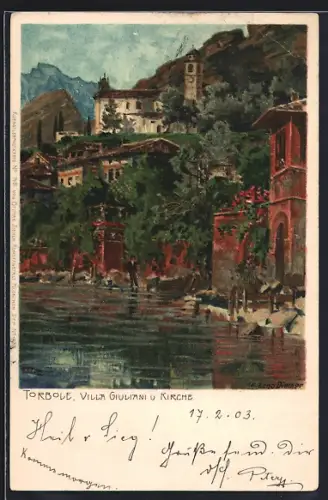 Künstler-AK Zeno Diemer: Torbole, Villa Giuliani & Kirche