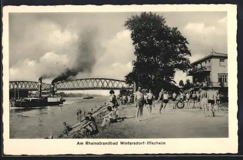 AK Wintersdorf-Iffezheim, Rheinstrandbad, Brücke, Strandhotel von Otto Ruckenbrod
