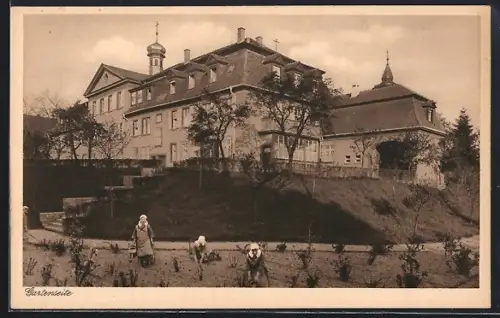 AK Rastatt, Kloster vom Guten Hirten, Maria-Viktoria-Stift, Gartenansicht