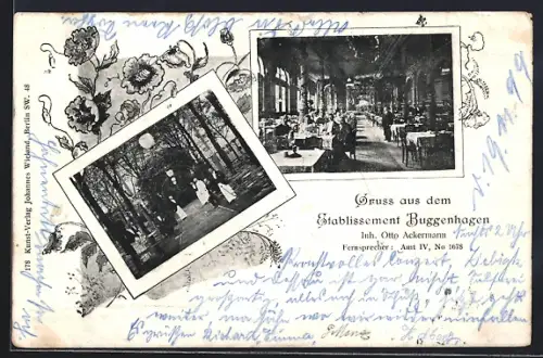 AK Berlin-Kreuzberg, Etablissement Buggenhagen, Innenansicht, Gartenansicht, Oranienstrasse 147