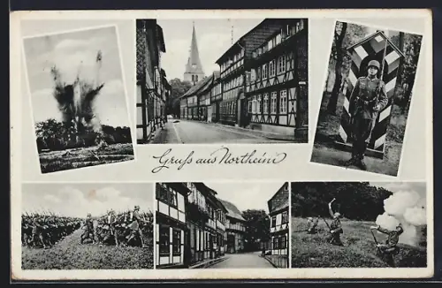 AK Northeim, Fachwerkhäuser, Soldat vor einem Wachhaus, Soldaten bei Granatwurfübungen