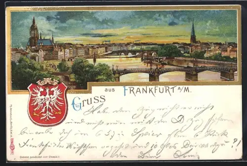 Lithographie Frankfurt a. M., Stadtansicht, Mainbrücke, Dom